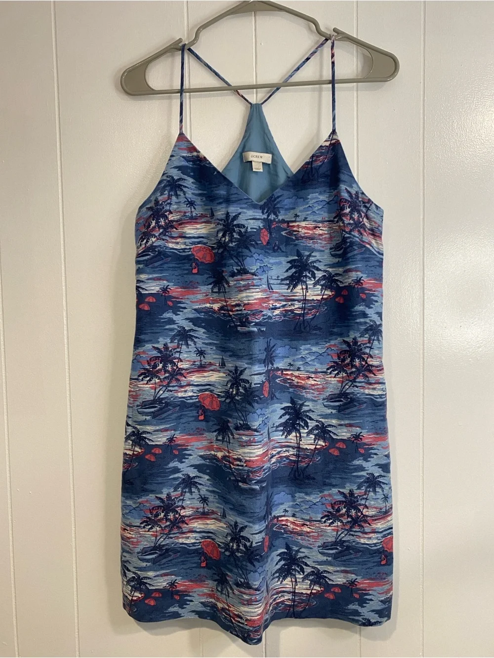 J.Crew Linen Cotton Tropical Preppy Racerback Dress Blue Resort Coastal Size 6